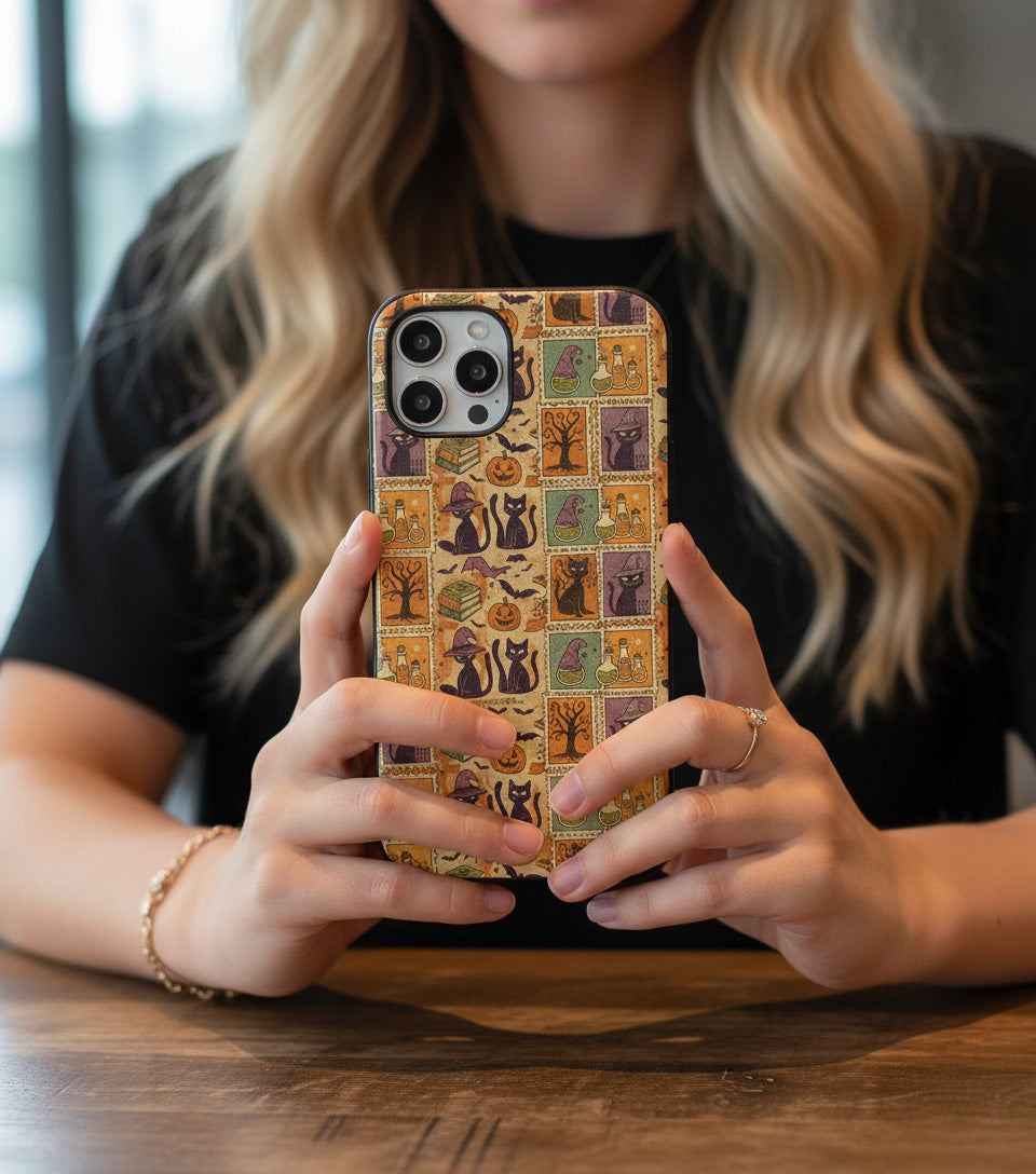 Vintage Halloween Cat Phone Case – Spooky Retro Witchy Black Cat iPhone & Samsung Cover, Aesthetic Fall Gift for Halloween Lovers